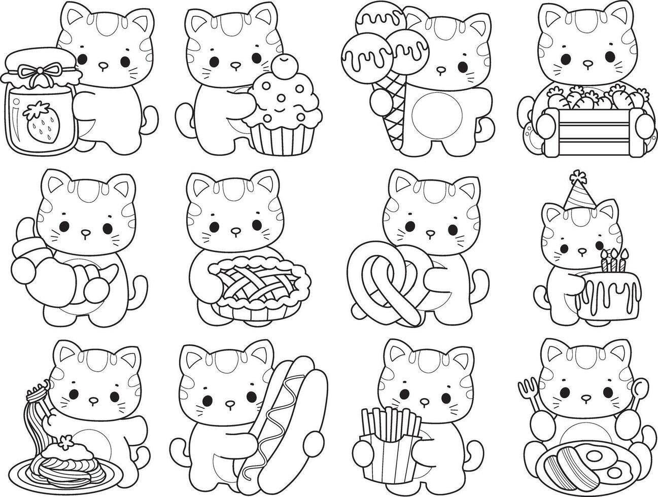Outline of cat in the variation of street food and snack. Coloring pages of Kawaii animal kitty for scrapbook and sticker. vector
