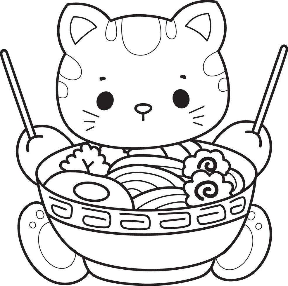 Outline of cat eating a ramen. Coloring pages of Kawaii animal kitty for scrapbook and sticker. vector
