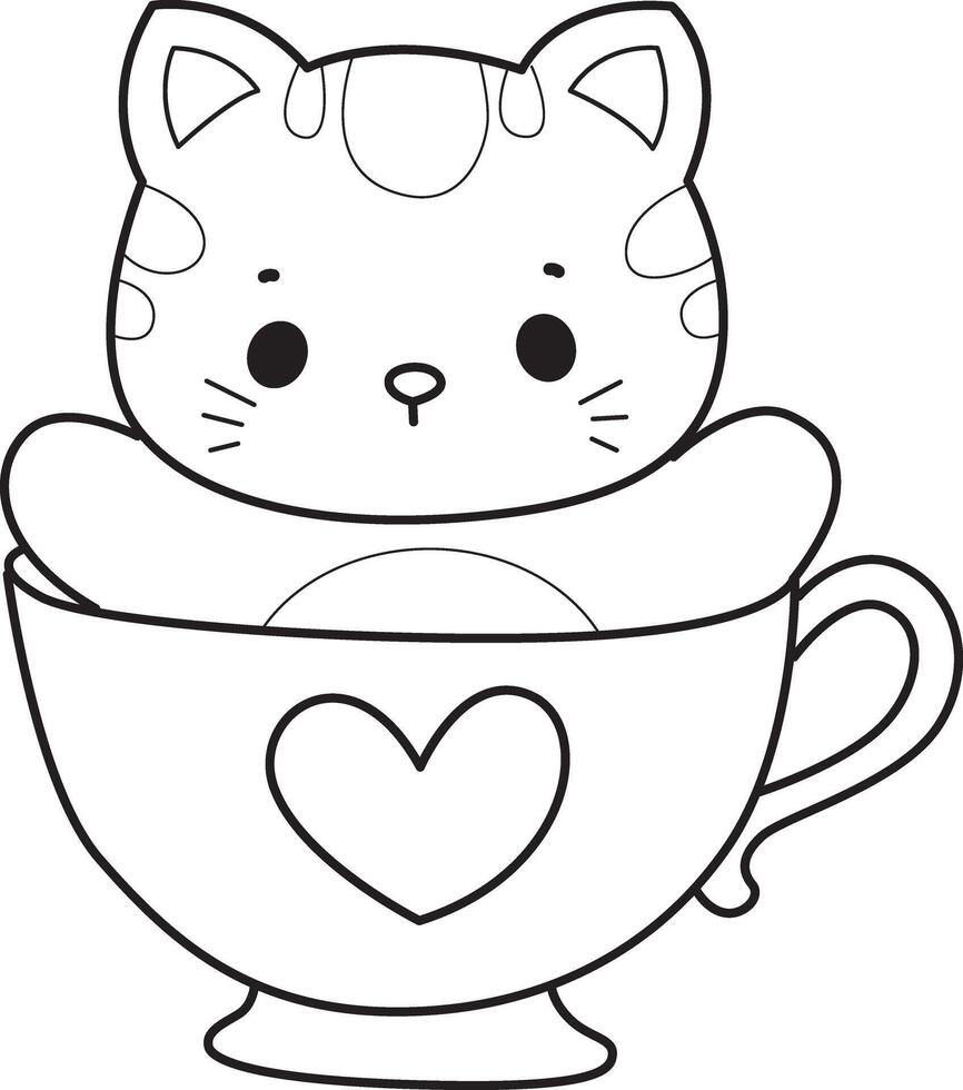 Outline of cat stuck in the cup of tea. Coloring pages of Kawaii animal kitty for scrapbook and sticker. vector