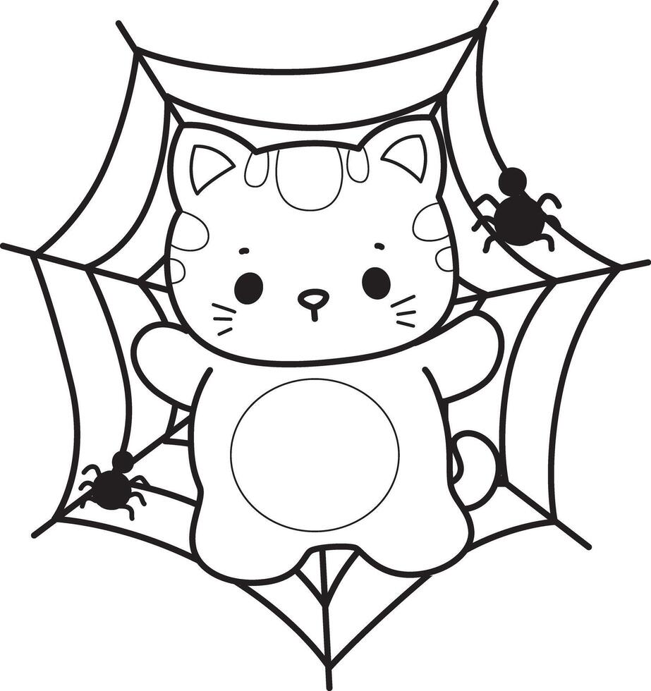 Outline of cat stuck in the spider web. Coloring pages of Kawaii animal kitty for scrapbook and sticker. vector