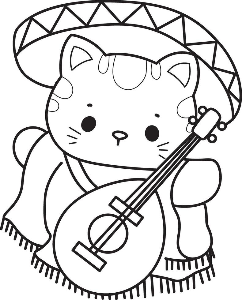 Outline of cat wearing an indiana costume. Coloring pages of Kawaii animal kitty for scrapbook and sticker. vector