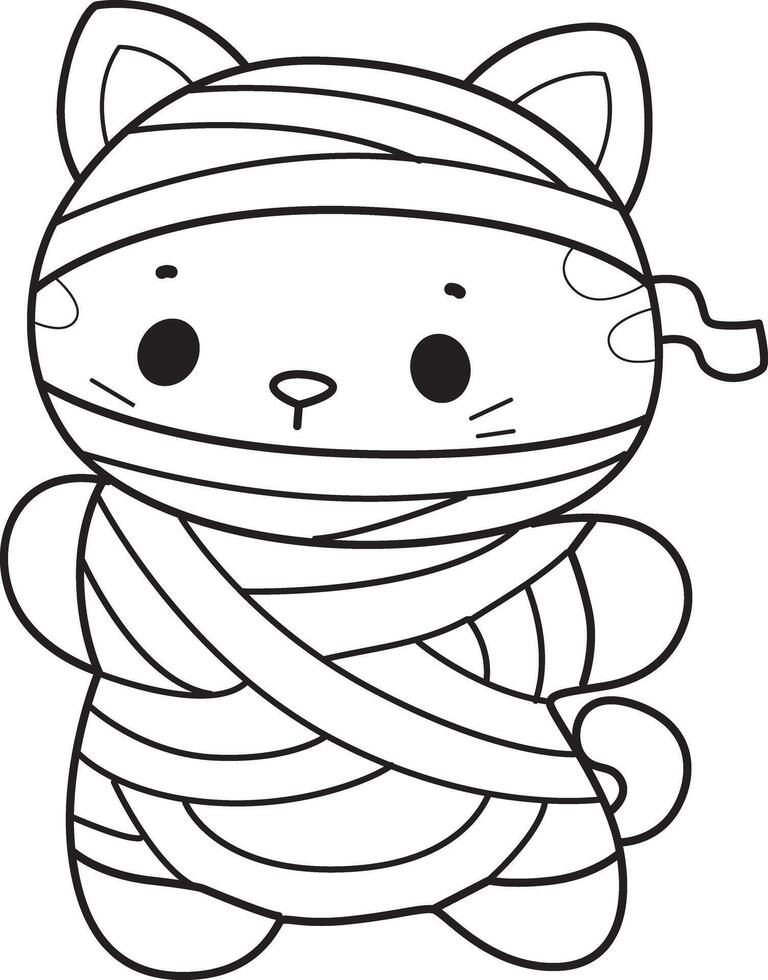 Outline of cat wearing a mummy costume. Coloring pages of Kawaii animal kitty for scrapbook and sticker. vector