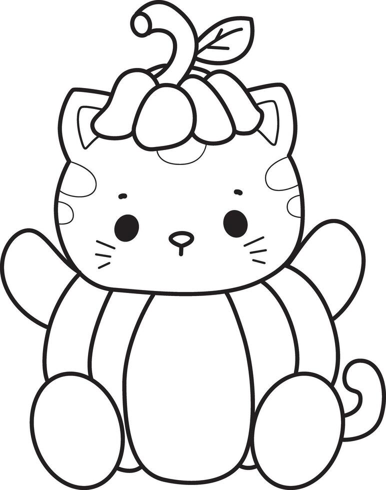 Outline of cat wearing a pumpkin costume. Coloring pages of Kawaii animal kitty for scrapbook and sticker. vector