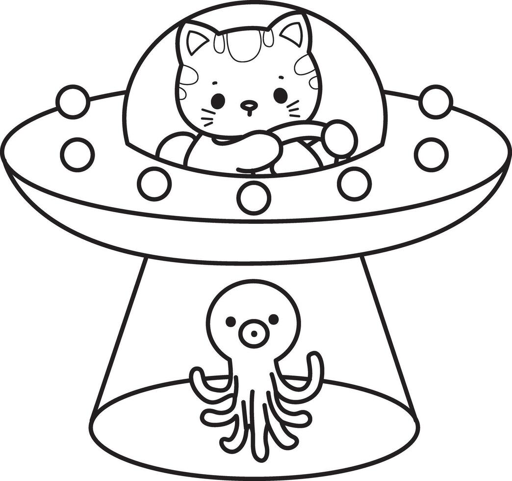 Outline of cat riding a space ship. Coloring pages of Kawaii animal kitty for scrapbook and sticker. vector