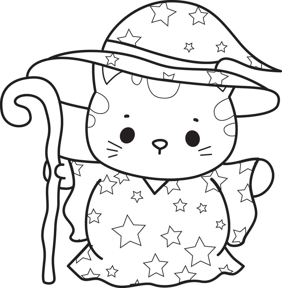 Outline of cat wearing a witch costume. Coloring pages of Kawaii animal kitty for scrapbook and sticker. vector