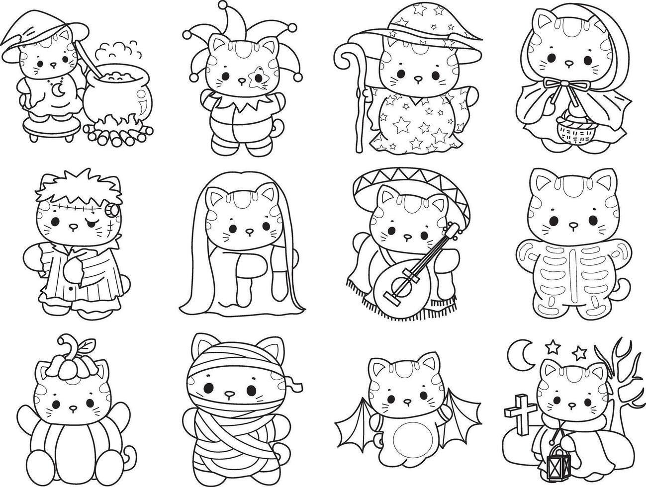 Outline of happy halloween by kitten. Coloring pages of Kawaii animal kitty for scrapbook and sticker. vector