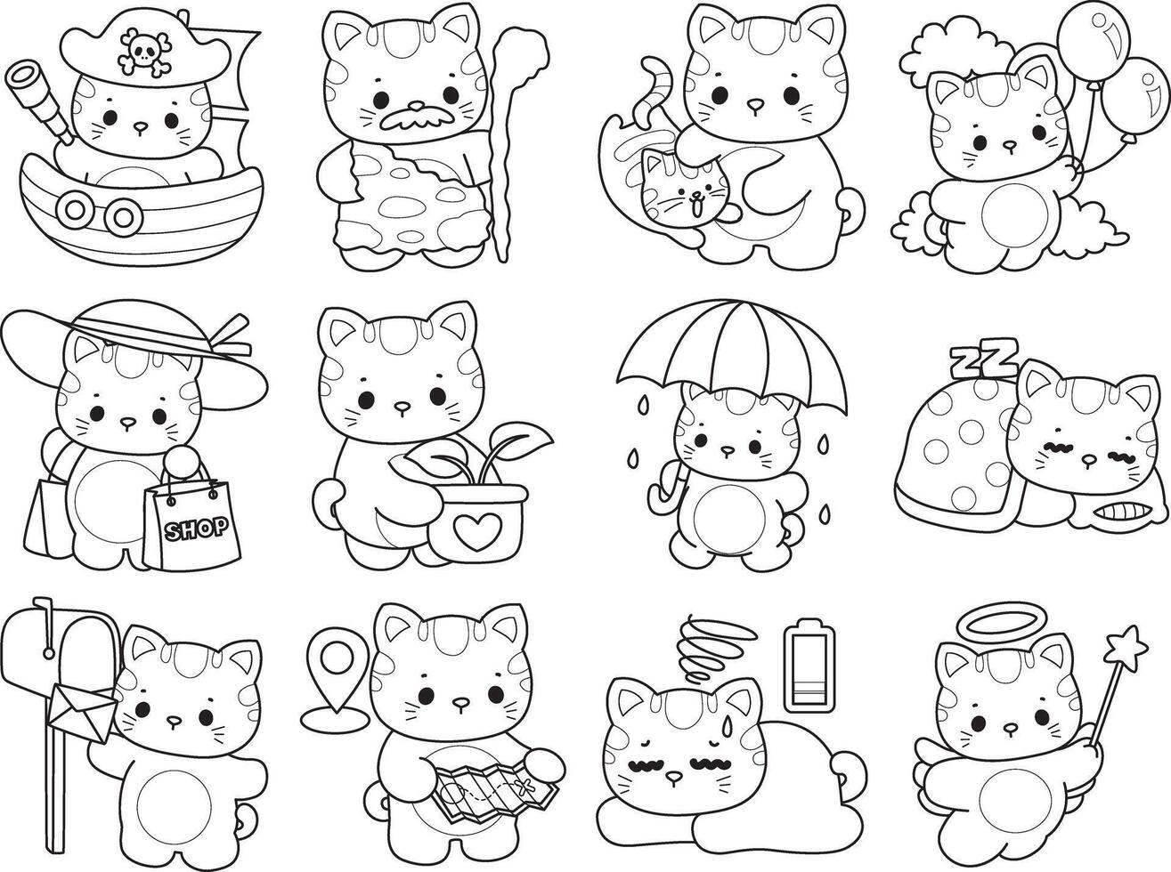 Outline of kitty in the variation of daily life. Coloring pages of Kawaii animal kitty for scrapbook and sticker. vector