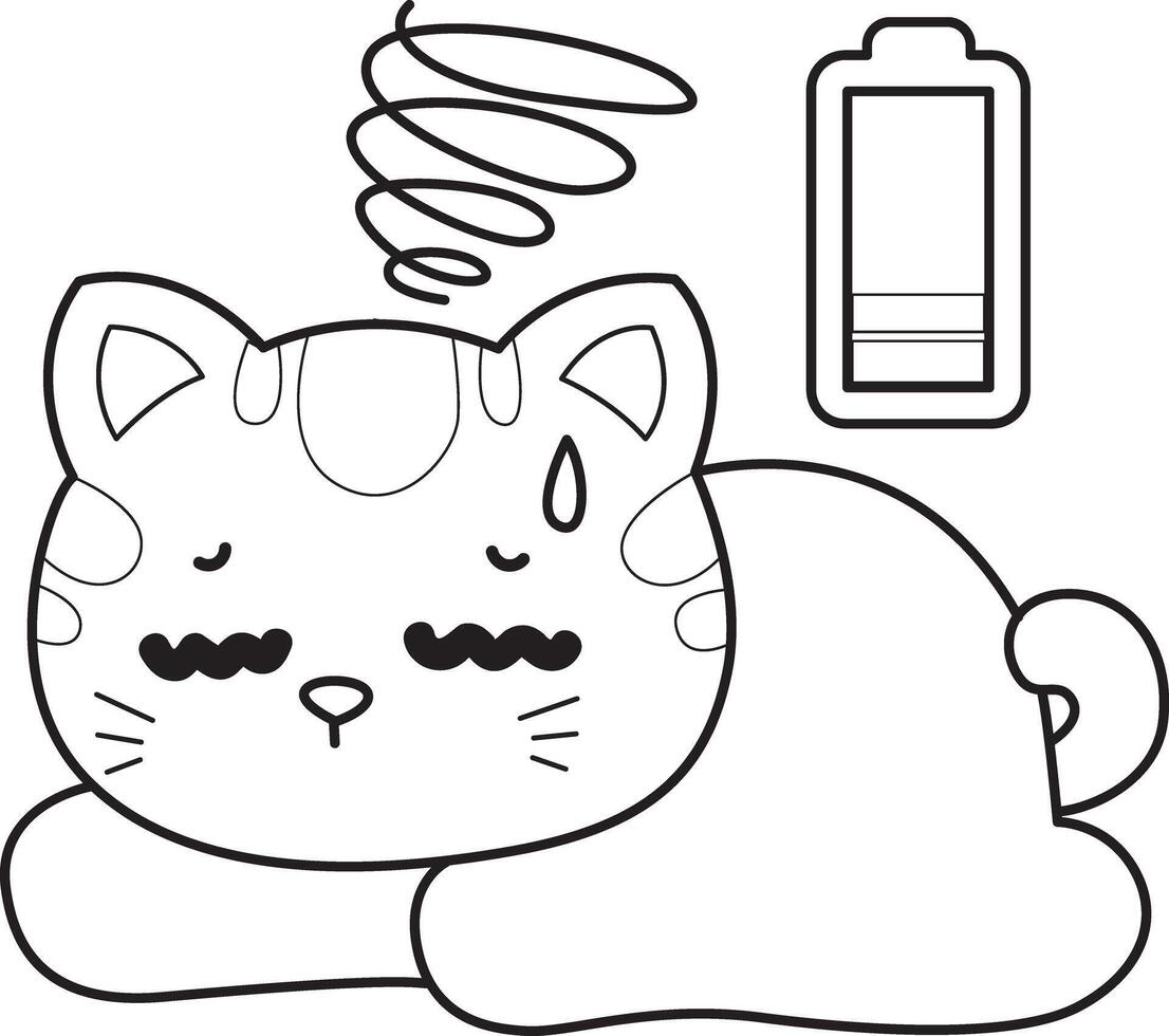 Outline of kitty is in the low battery condition. Coloring pages of Kawaii animal kitty for scrapbook and sticker. vector