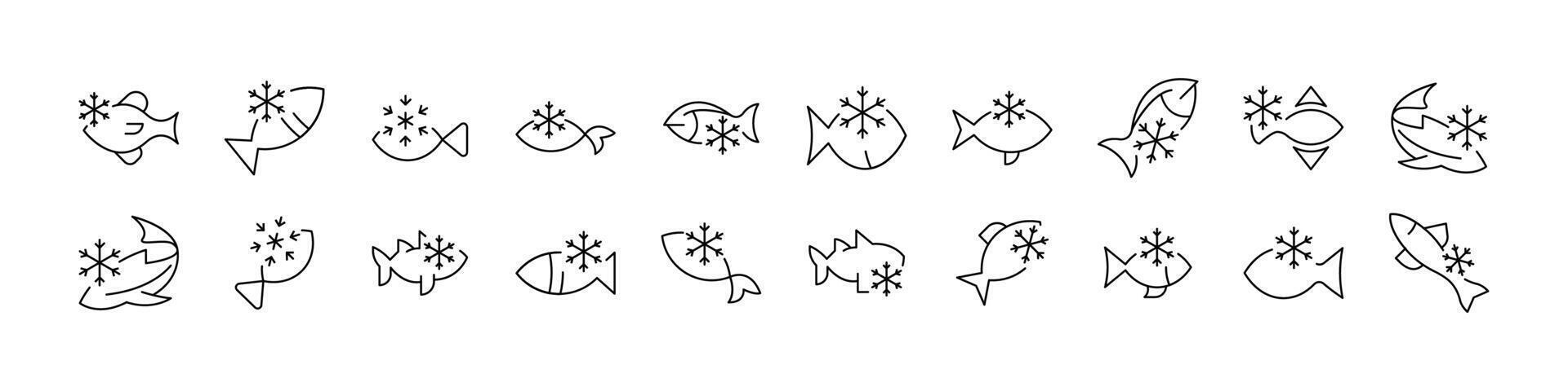 Frozen Fish Line Icon Pack. Outline Signs for Graphic and Web Design, Apps, Adverts, Various Cards vector