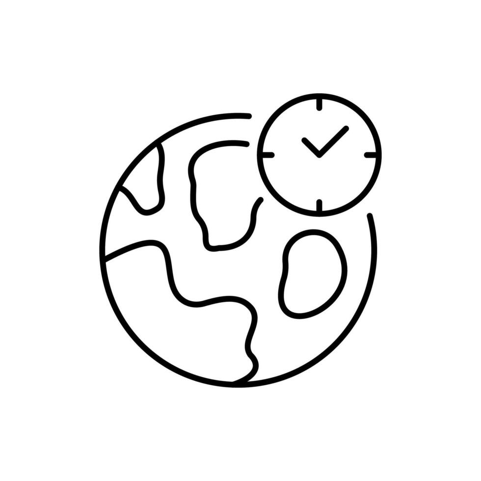 Clock by Earth or Globe Outline Linear Symbol for Graphic and Web Design, Apps, Adverts, Various Cards vector