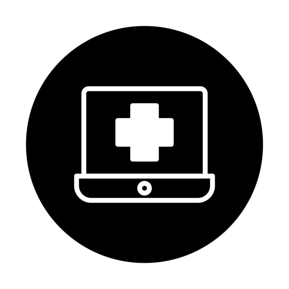 Black circle featuring white laptop displaying medical cross perfect for healthcare technology content creation vector
