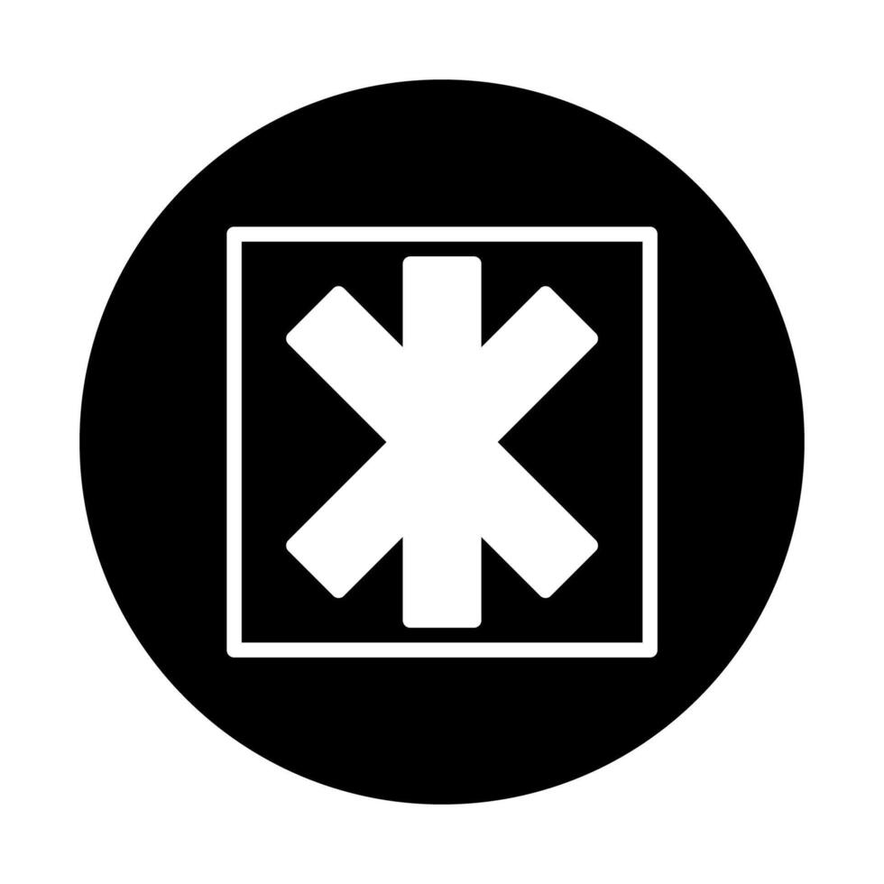 A minimalist medical emergency symbol illustration on a round black background with a white symbol design vector