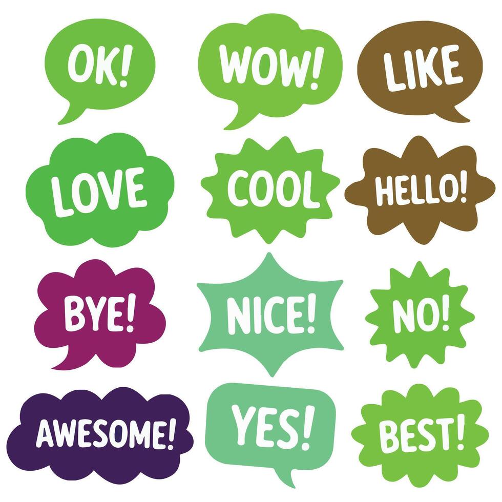 Colorful conversation bubbles with various expressions and text graphics set isolated on white vector