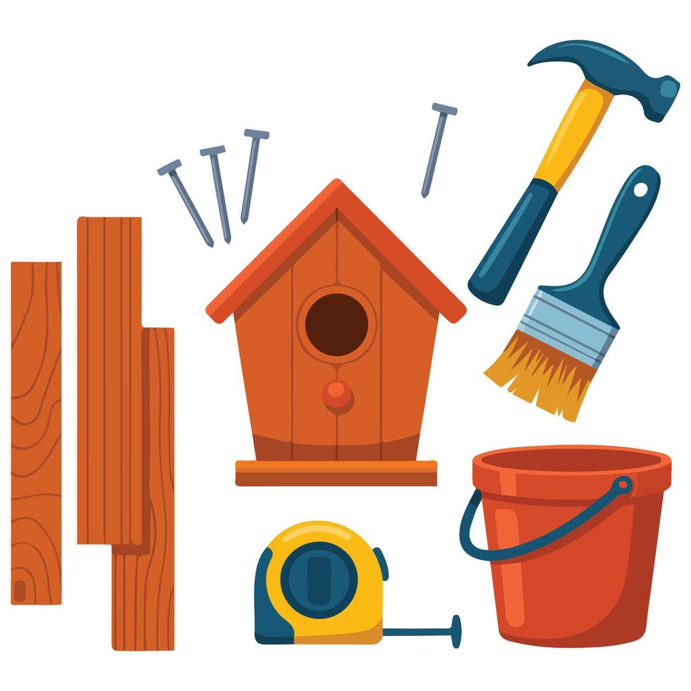 Wooden birdhouse construction set DIY craft illustration isolated on white vector