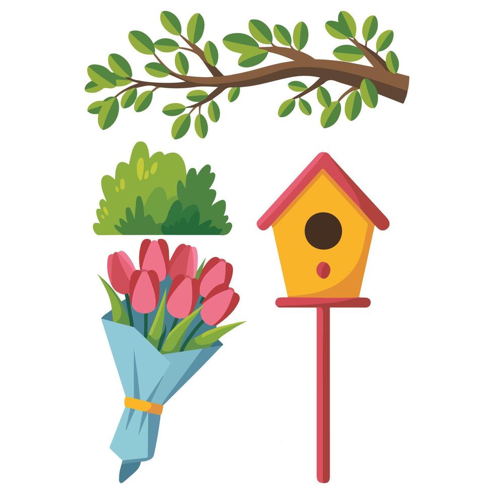 Spring season elements flowers trees illustration isolated on white vector