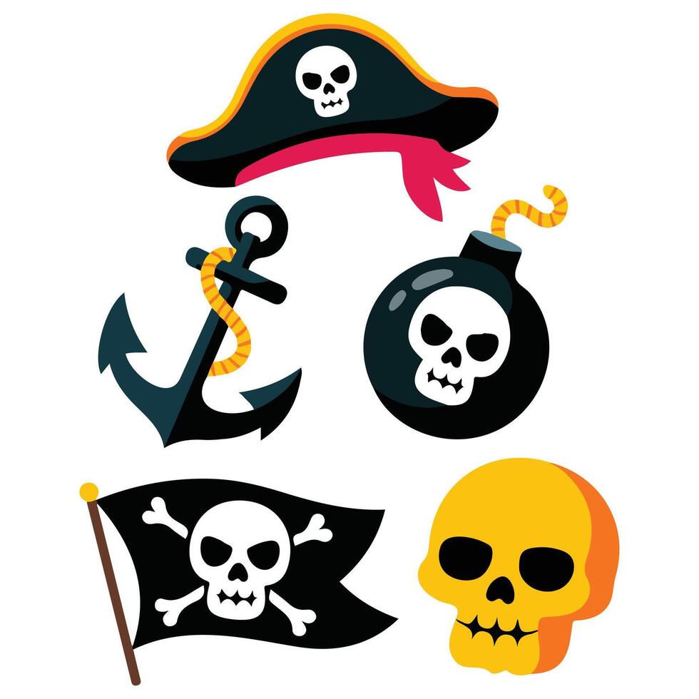Pirate adventure icon set nautical graphics isolated on white vector