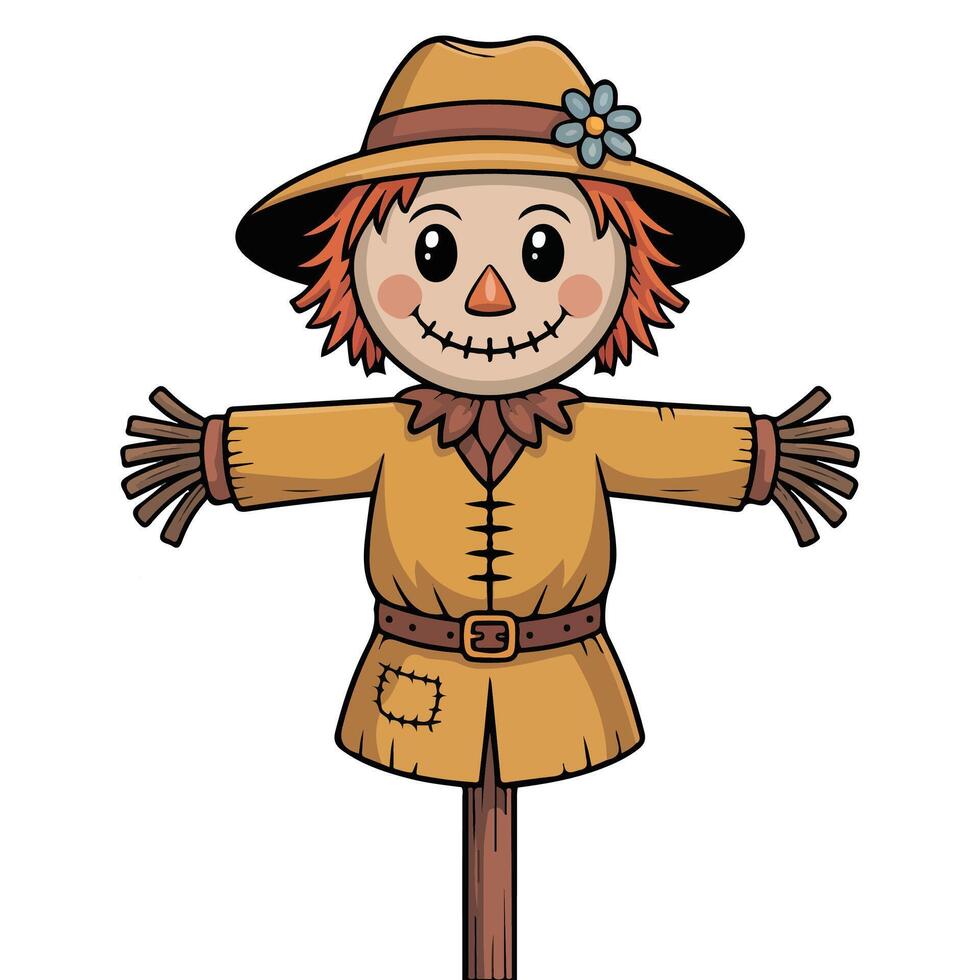 Funny garden scarecrow with pumpkin head illustration vector