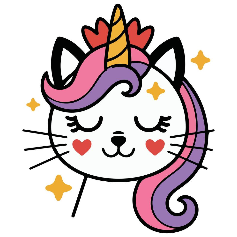 Magical unicorn cat with heart crown illustration vector