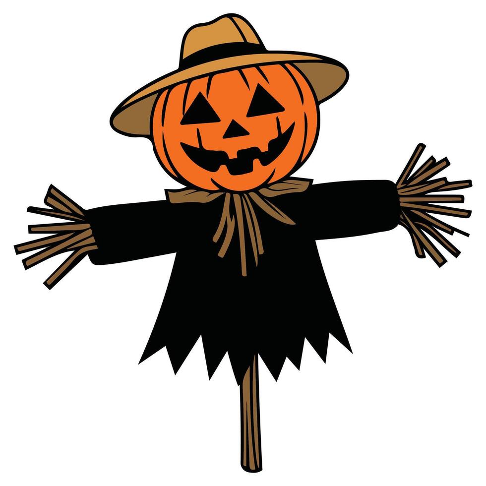 Whimsical Halloween scarecrow wearing pumpkin head and rustic hat isolated illustration on white background vector