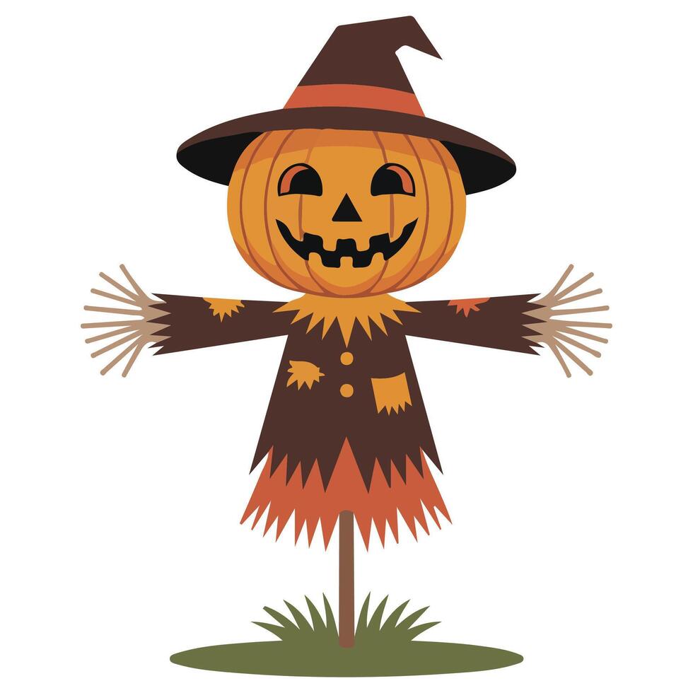 Halloween pumpkin head scarecrow vector