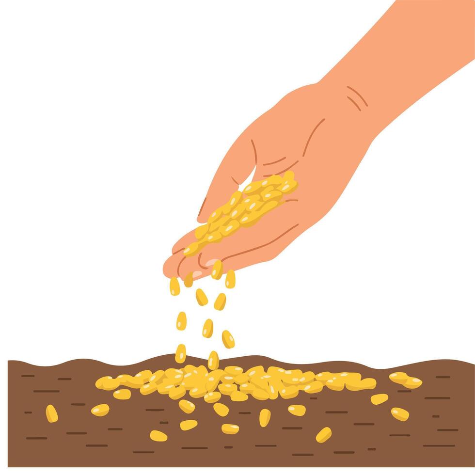 Hand planting tiny seeds in soil gardening agriculture isolated illustration on white background vector