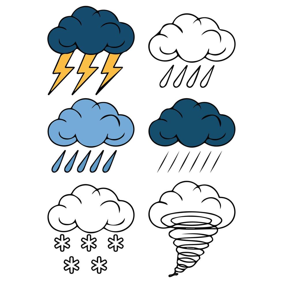 Hand drawn weather collection with sun clouds rain snow and thunderstorm vector