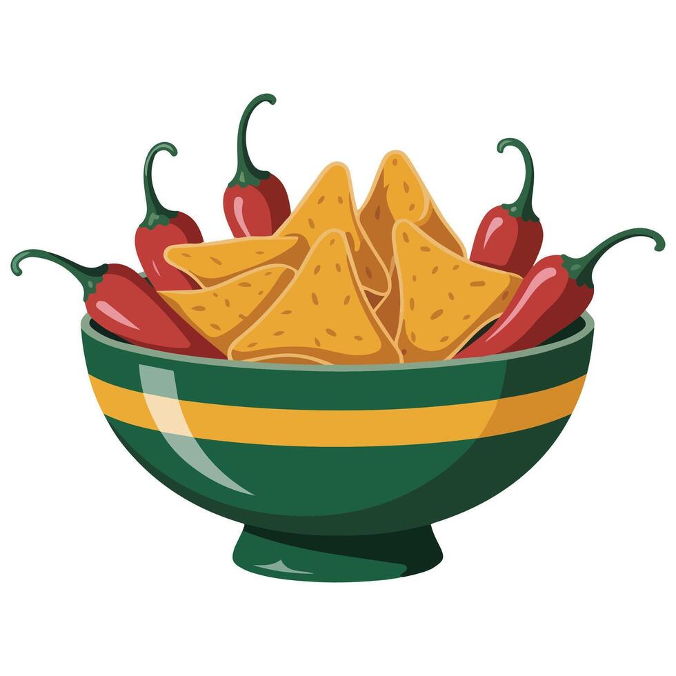 Spicy nachos in bowl with jalapenos Mexican cuisine vector