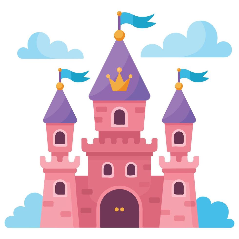 Enchanted pink castle floating on clouds princess palace illustration vector