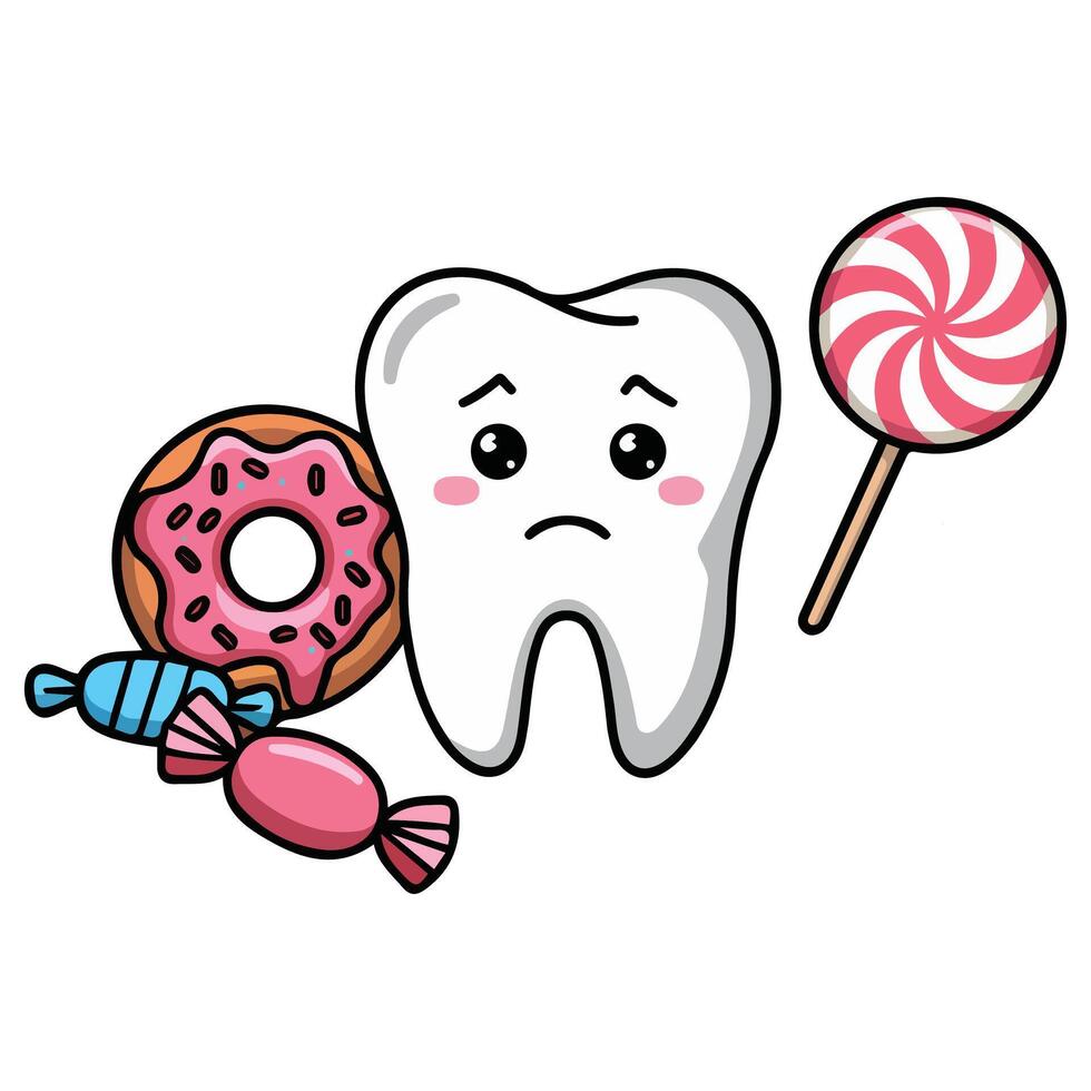 Unhealthy tooth eating candy dental care vector
