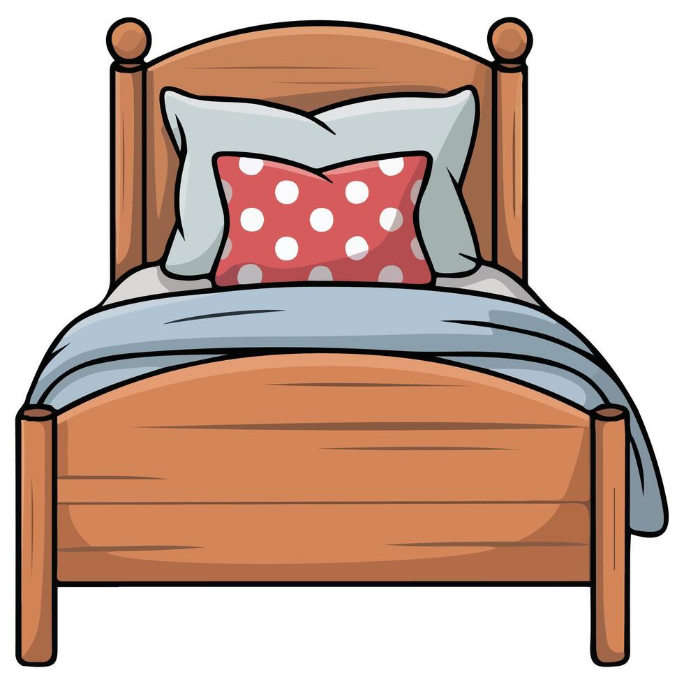 Cozy wooden bed with pillows sleep furniture vector