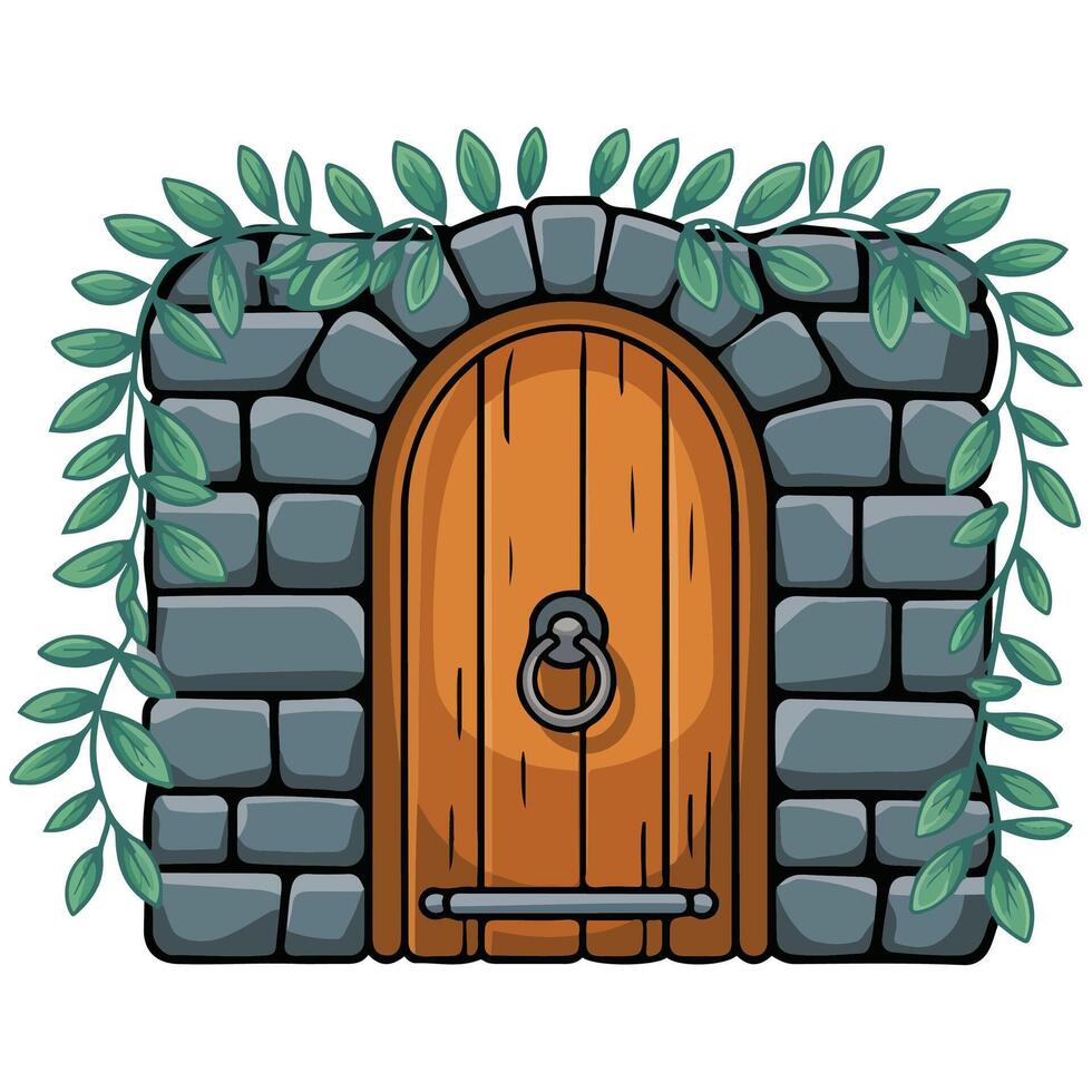 Stone wall with wooden gates illustration vector