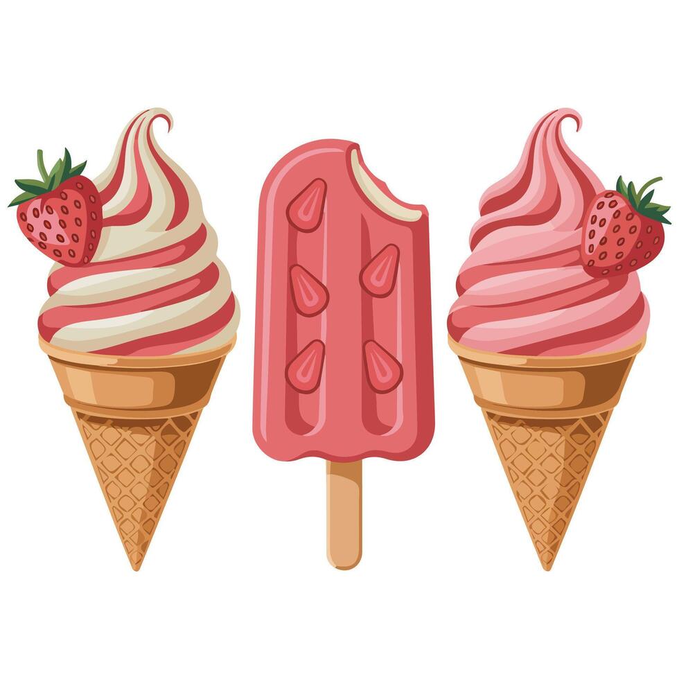Strawberry ice cream waffle cone art vector