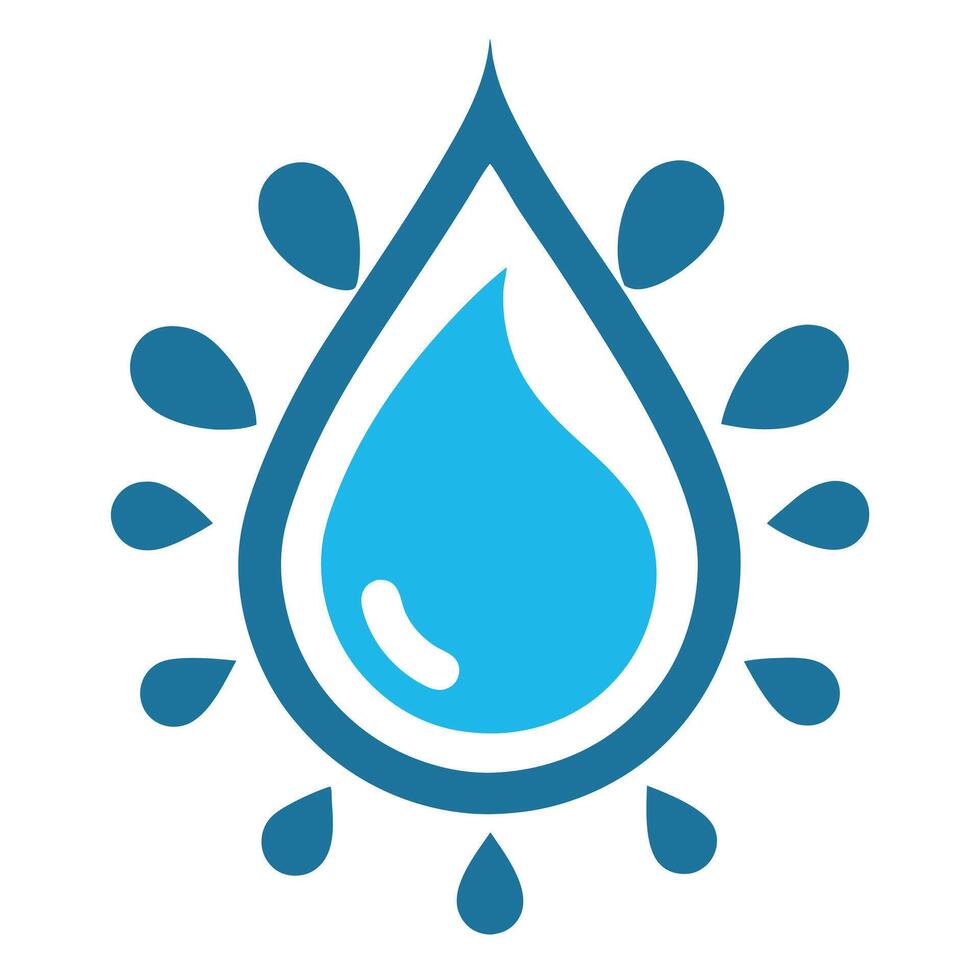 Blue water droplet splash icon with surrounding droplets liquid fluid vector