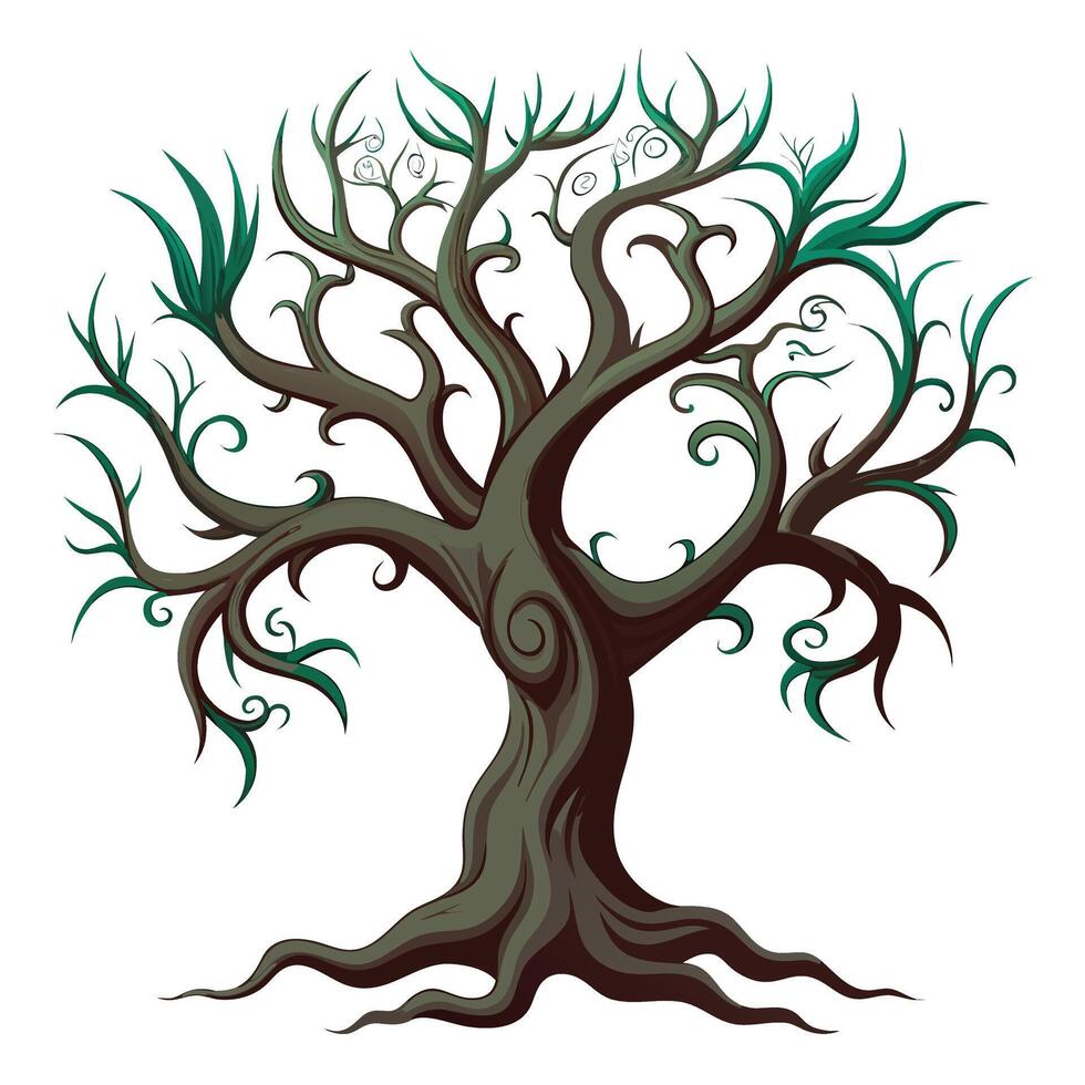Gnarled ancient tree dark bark teal foliage illustration vector