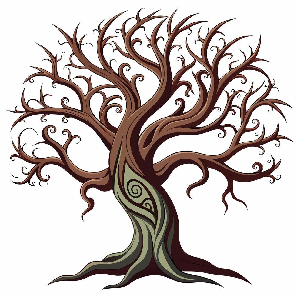 Gnarled brown tree with swirling branches and patterned trunk vector
