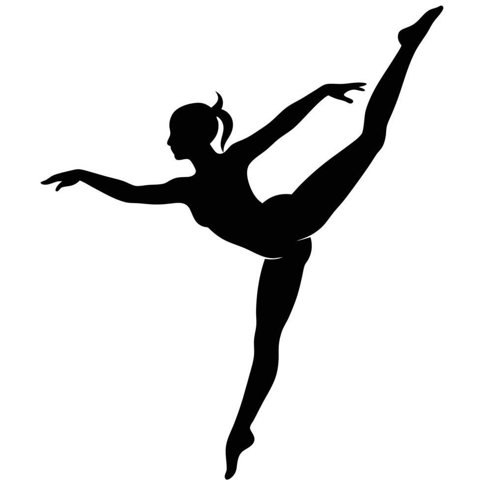 Black silhouette of a female gymnast performing a high leg extension ballet pose athletic vector