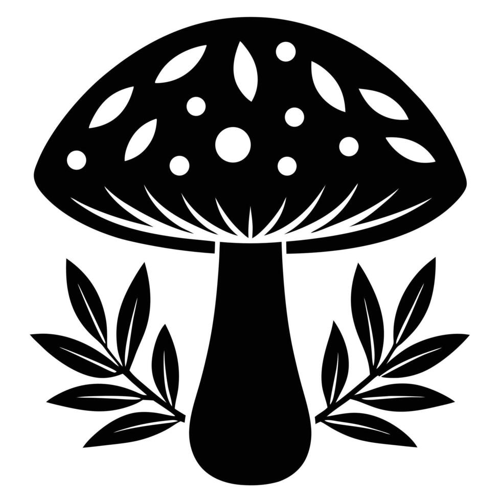 Stylized black and white mushroom with leaves illustration nature vector