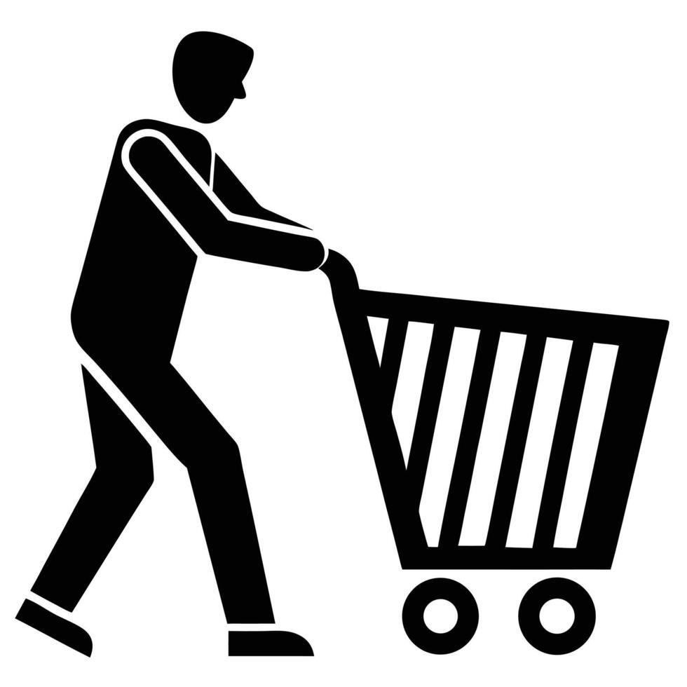 Black silhouette man pushing shopping cart vector