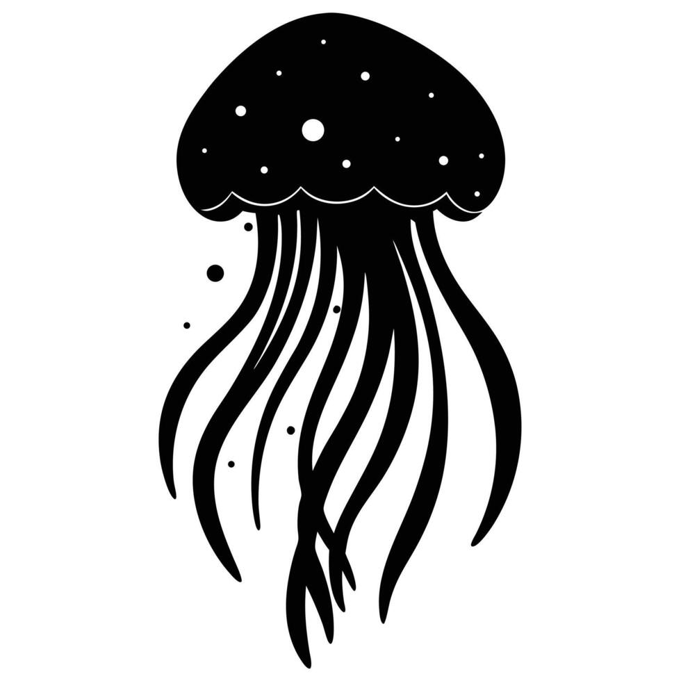 Black jellyfish illustration with dots and flowing tentacles white silhouette vector
