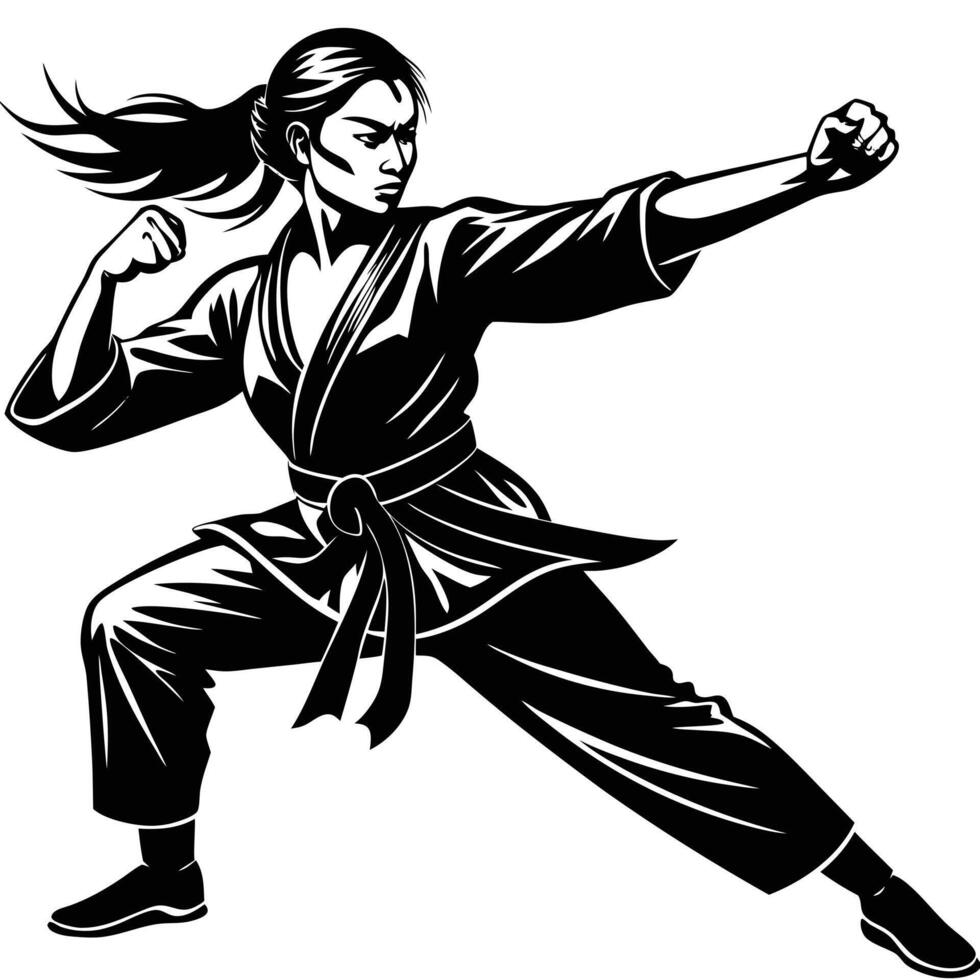 Female karateka in dynamic fighting stance martial arts dynamic pose vector