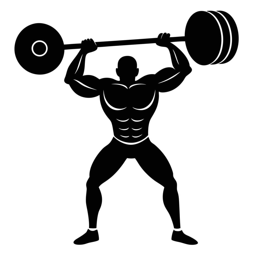 Powerful black silhouette of a muscular weightlifter lifting a barbell strength muscles vector