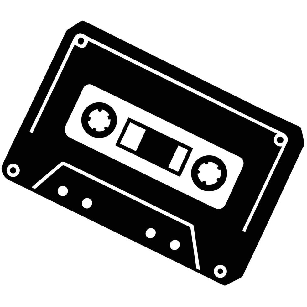 Black and white illustration of a cassette tape audio music vector