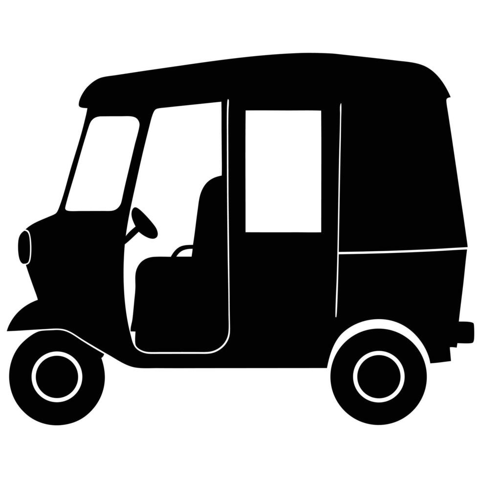Black silhouette of a three wheeled auto rickshaw three wheeled vehicle black and white vector