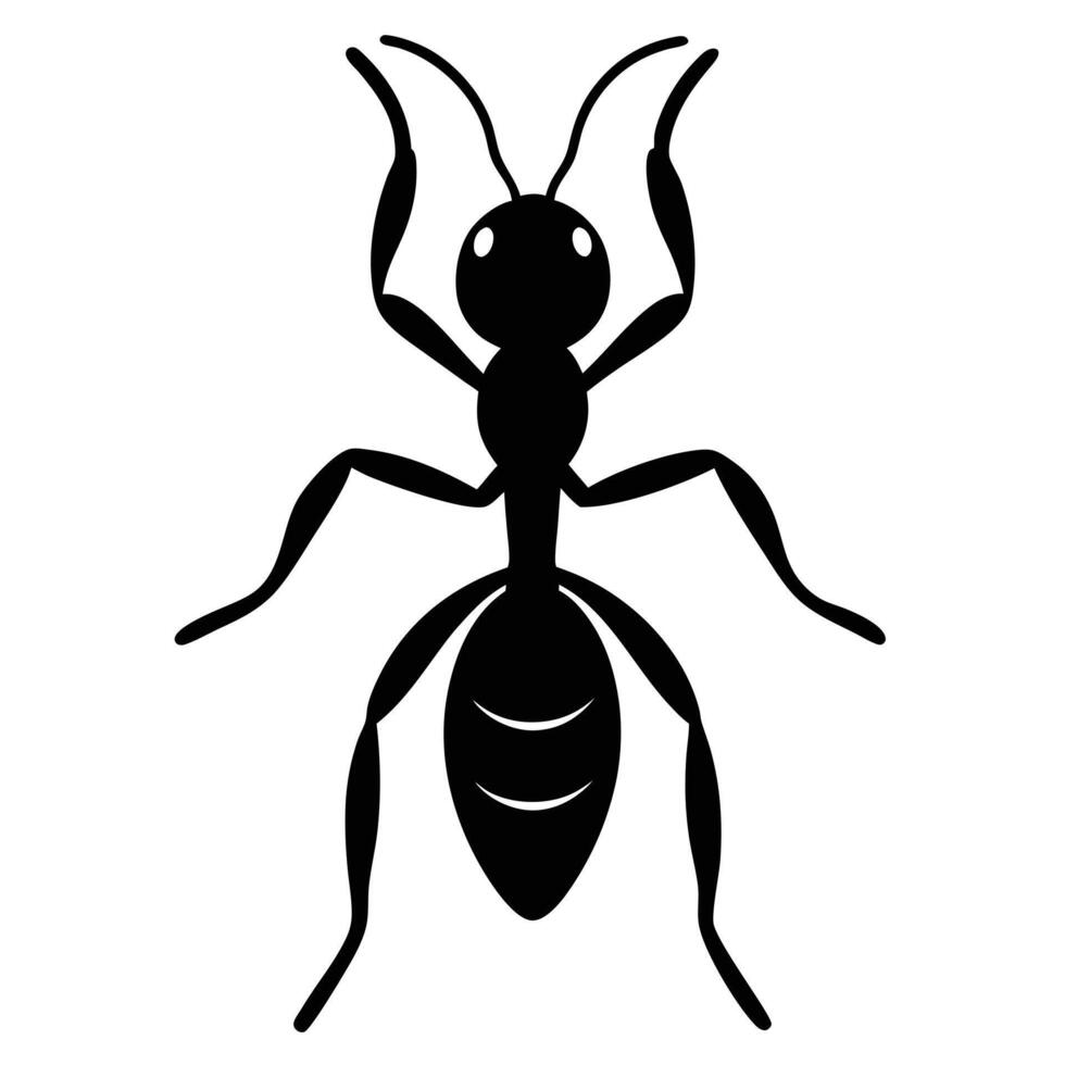 Black silhouette of an ant with antennae and segmented body insect vector