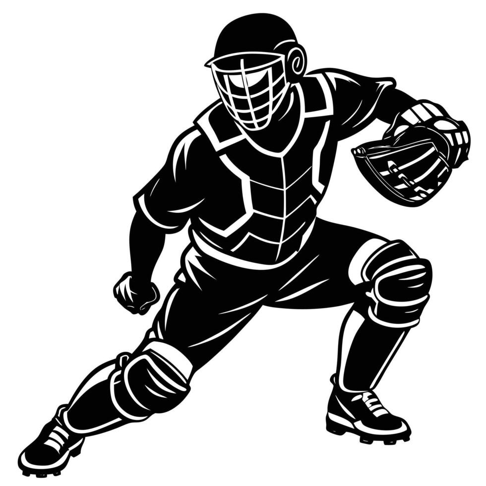 Baseball catcher crouched ready black illustration sports action vector