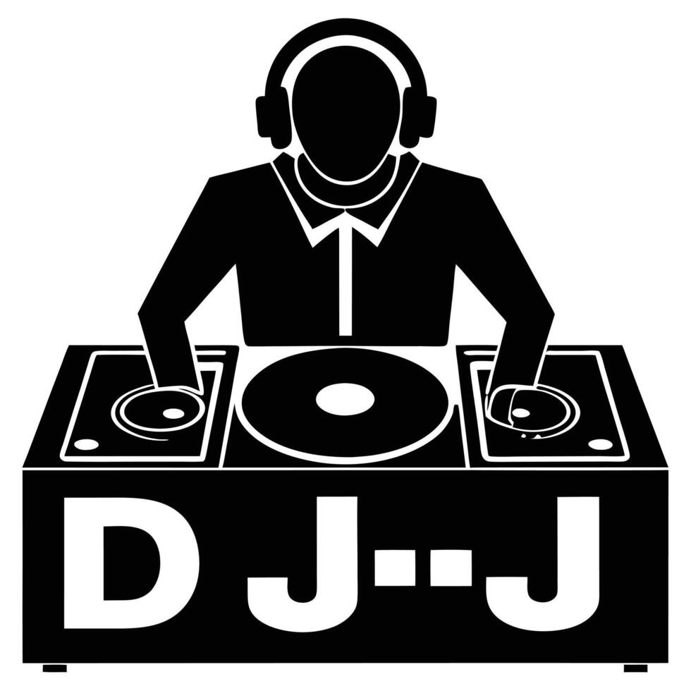 Stylized black silhouette of a dj with headphones playing music turntables vector