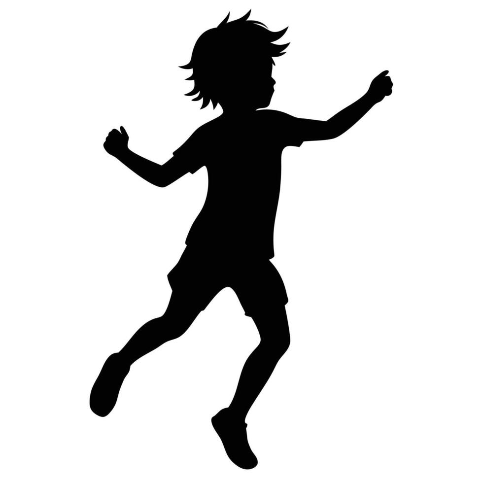 Silhouette of energetic child jumping with arms raised active vector