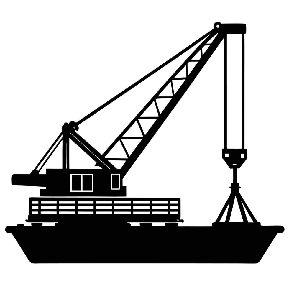 Black silhouette of a large crane on a barge with a hook industrial maritime vector