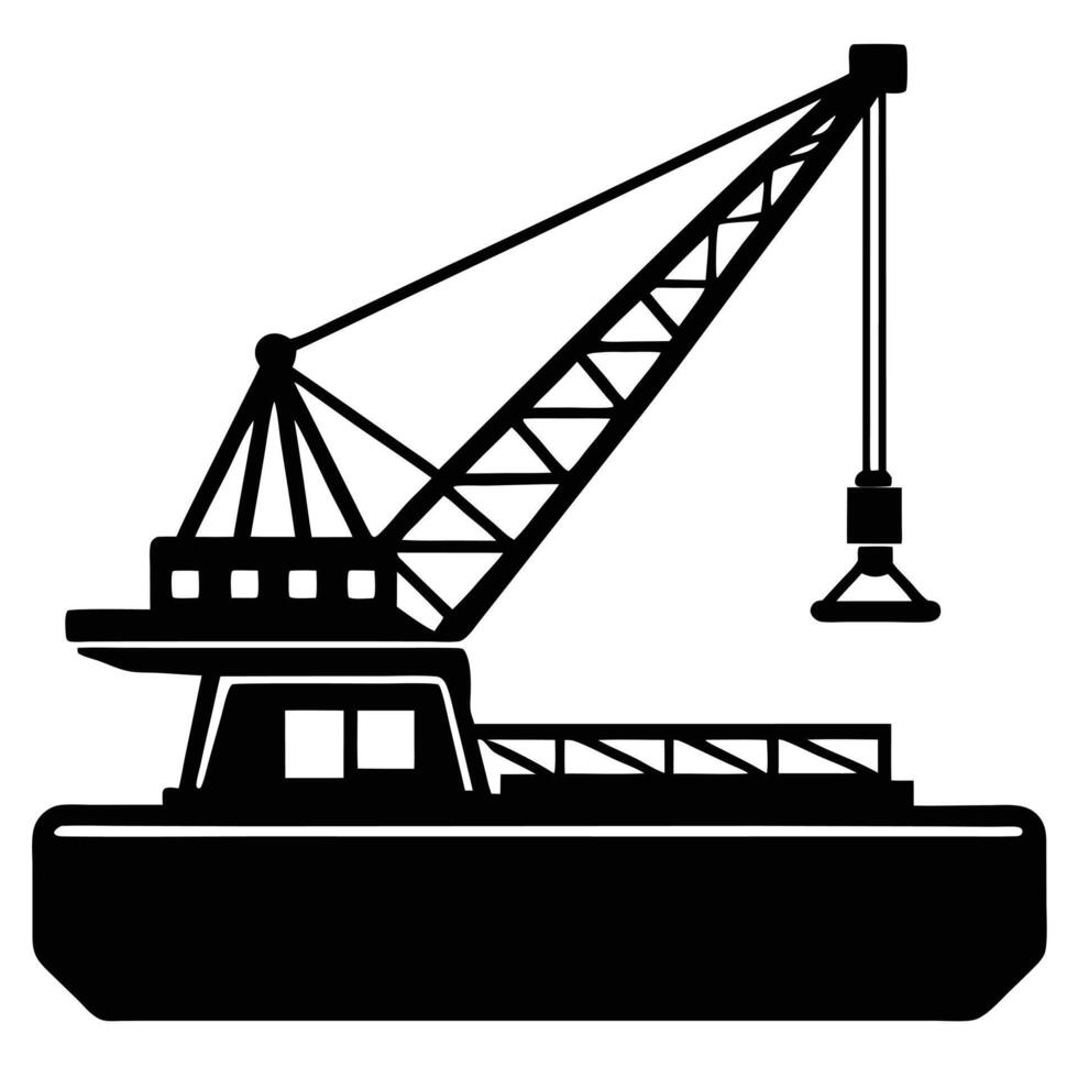 Black silhouette of a large industrial crane on a barge maritime construction vector