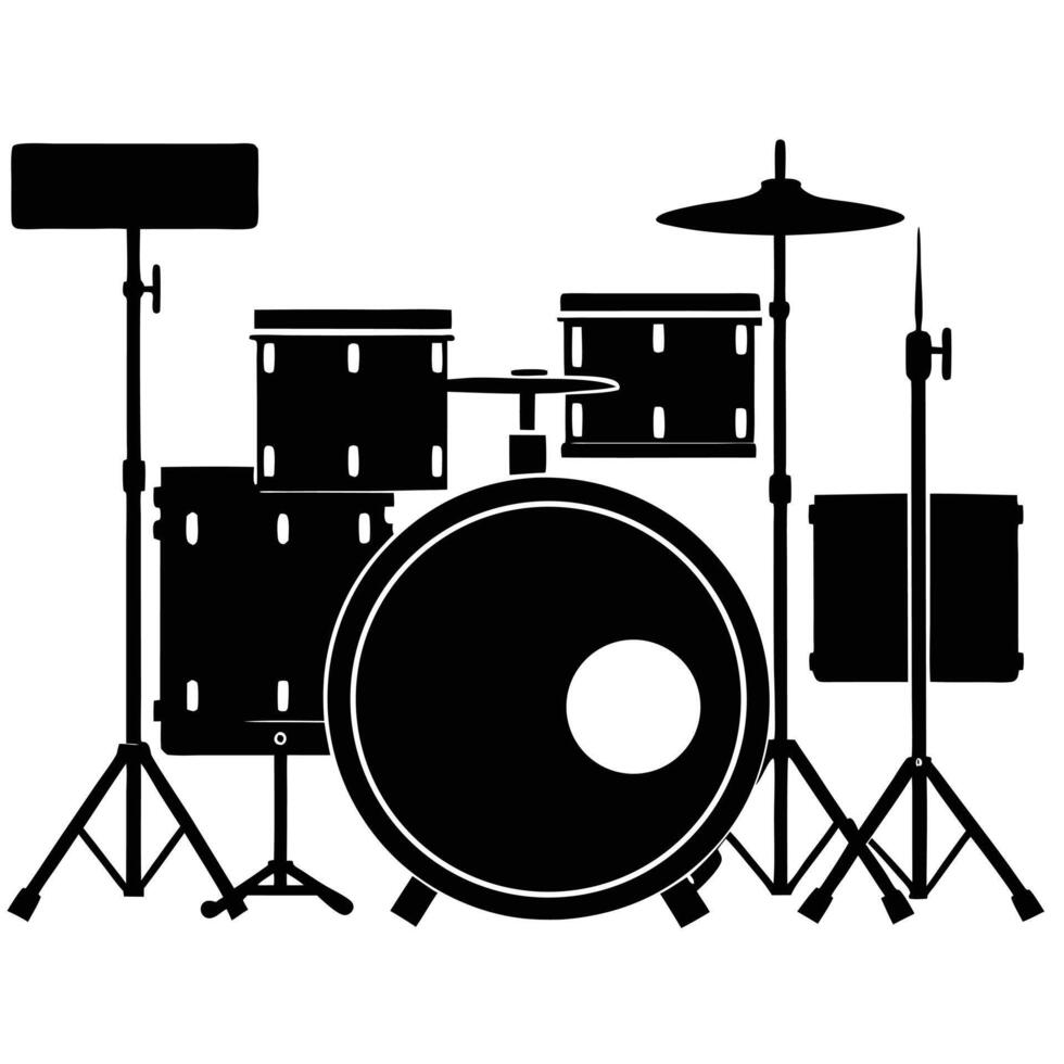 Black silhouette of a drum kit with cymbals and stands musical instrument percussion vector